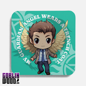 Castiel (Trench Coat)  - Kawaii Speech Bubble Drinks Coaster - Supernatural Inspired - Goblin Wood Exclusive