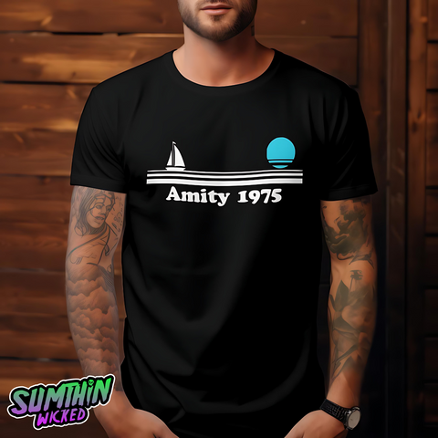 Postcard - Black Premium T-Shirt - Jaws Inspired - Sumthin Wicked Exclusive