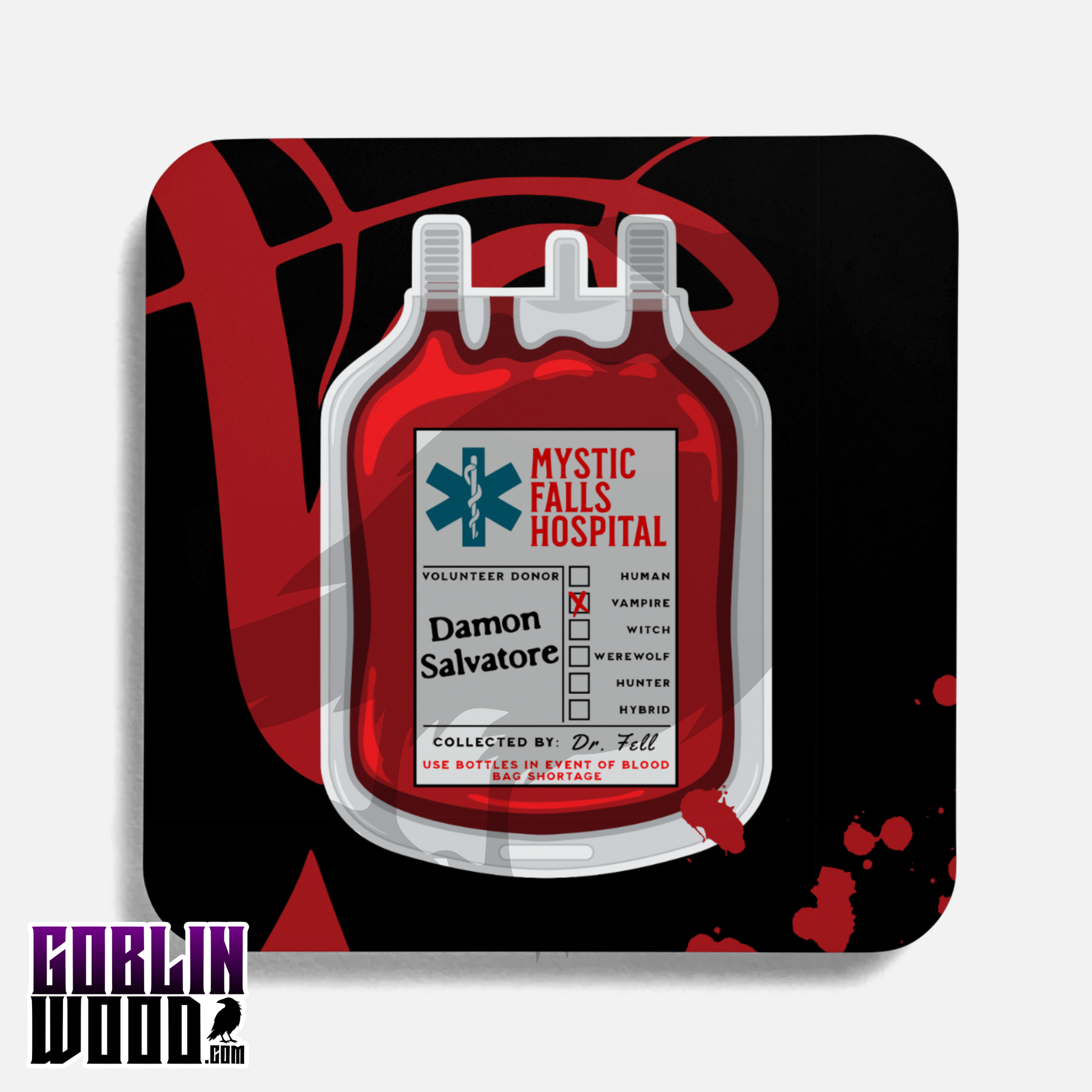 Damon Blood Bag - Drinks Coaster - TVD Inspired - Goblin Wood Exclusive - Goblin Wood