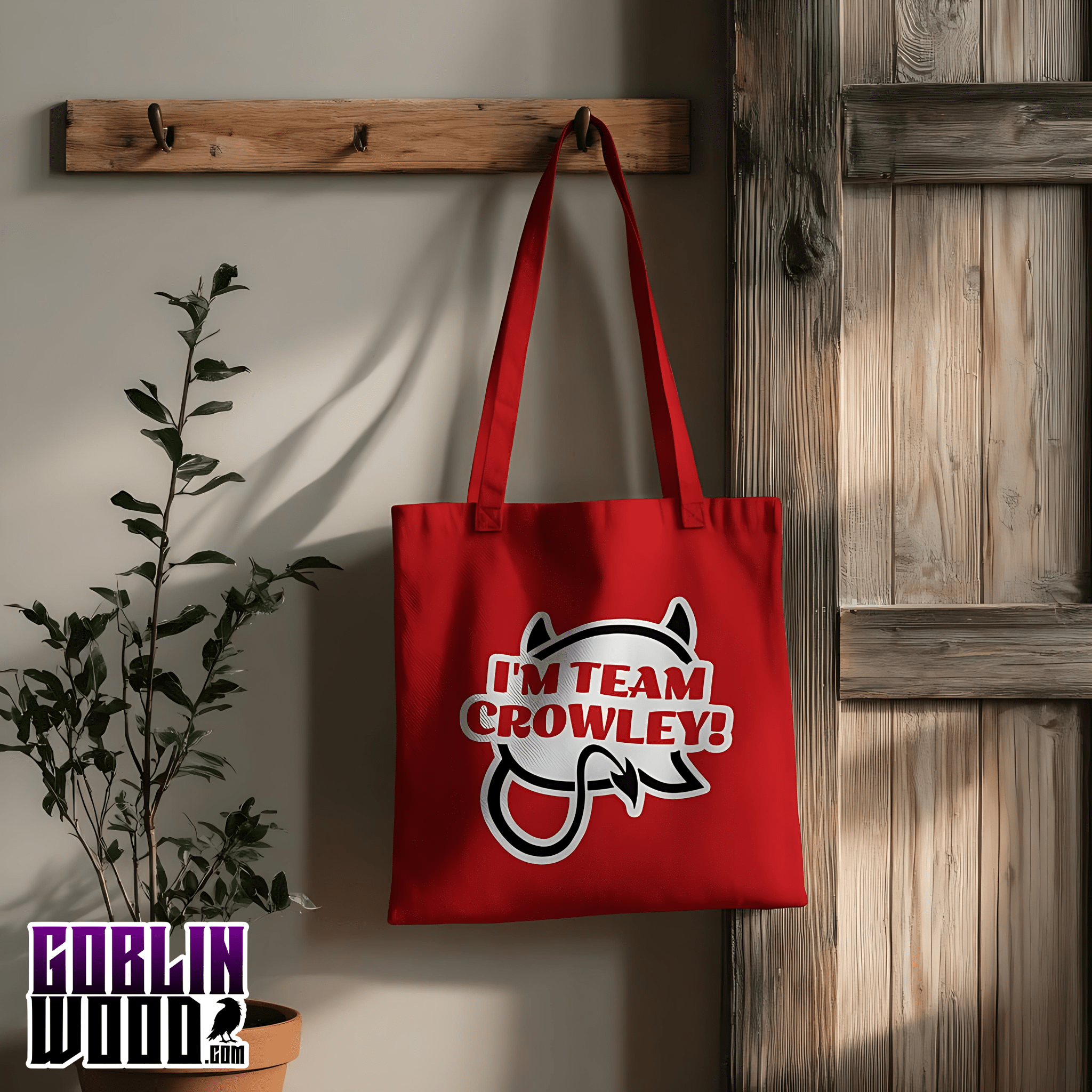 I'm Team Crowley! - Red Speech Bubble Tote Bag - Supernatural Inspired - Goblin Wood Exclusive - Goblin Wood