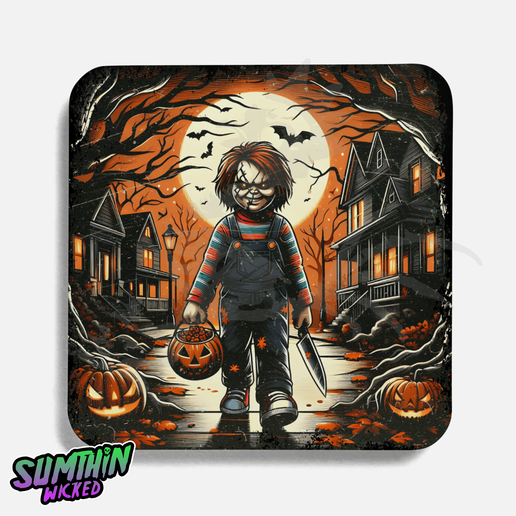 Let's Play - Trick Or Treat Drinks Coaster - Child's Play Inspired - Sumthin Wicked Exclusive - Goblin Wood